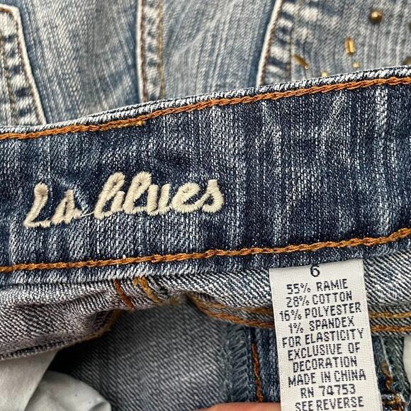 LA Blues Capris Size 6 Embellished Blue Jeans Denim Y2K Button Flap Pockets Crop - Picture 7 of 13